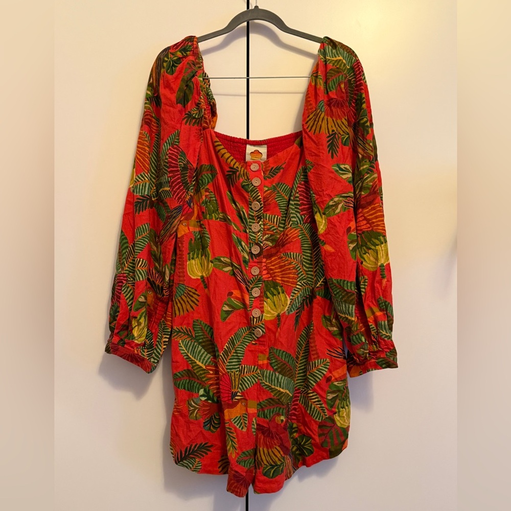 FARM Rio Orange and Green Leaf Print Romper